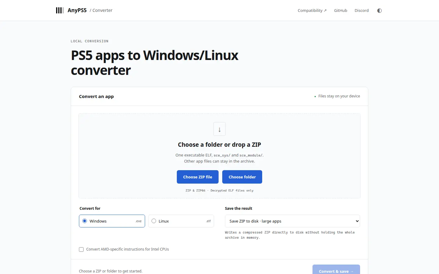 Official AnyPS5 web converter on GitHub Pages: choose a ZIP or folder, pick Windows or Linux output, files stay on the device.