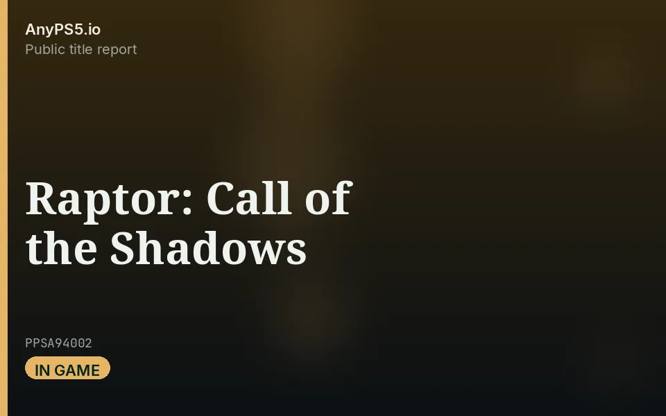 AnyPS5.io branded placeholder cover for Raptor: Call of the Shadows. Not official box art.
