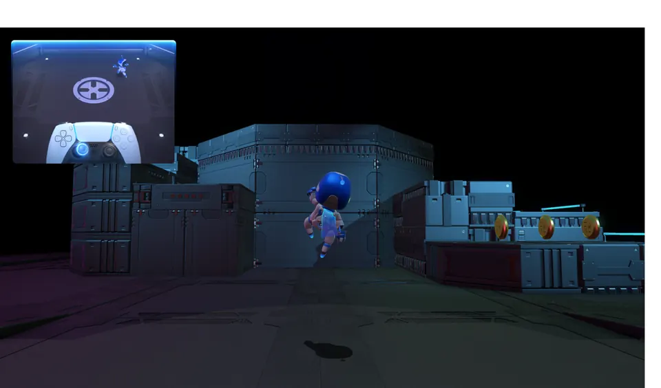 Astro Bot running in a host window after AnyPS5 relink. README collage.